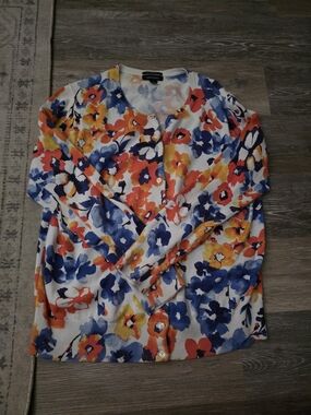 Lands' End Floral Button-Front Cardigan - Blue/Orange/Yellow